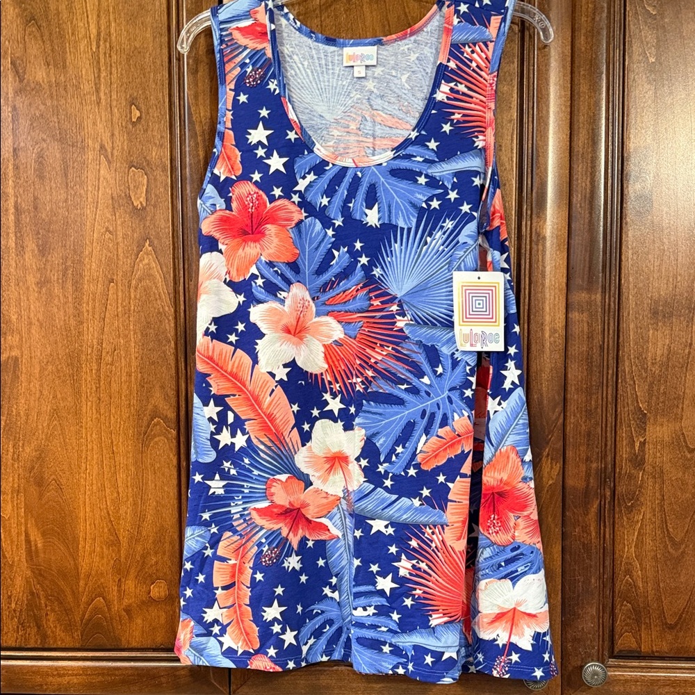 LuLaRoe Perfect Tank Red and White Hibiscus & White Stars Top